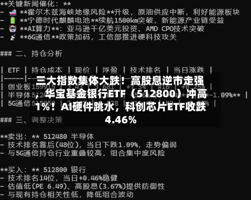 三大指数集体大跌！高股息逆市走强	，华宝基金银行ETF（512800）冲高1%！AI硬件跳水，科创芯片ETF收跌4.46%-第3张图片
